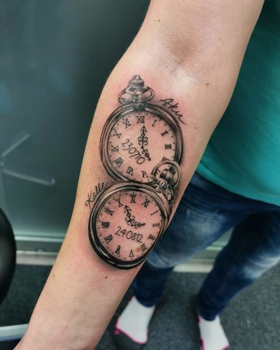 Tattoo uploaded by Kyle May  Clock tattoo with the times of each clock  set to the birth time of my children  Tattoodo
