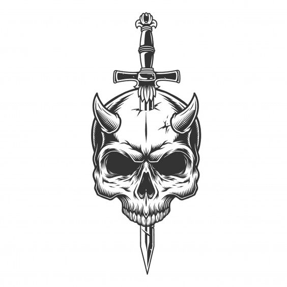 Sword In Horned Skull Tattoo Design