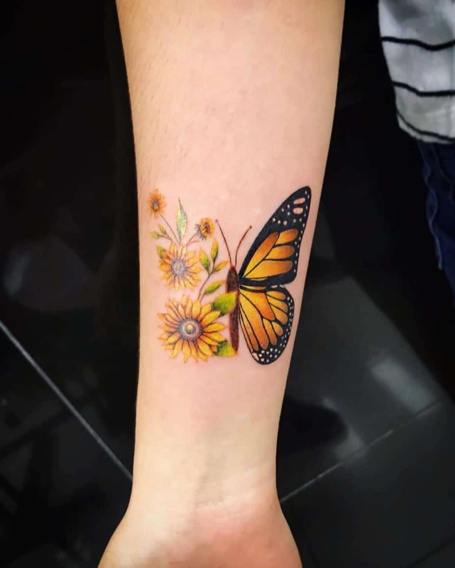 sunflower and butterfly tattoo  Arm sleeve tattoos for women Sunflower  tattoo shoulder Sunflower tattoo sleeve