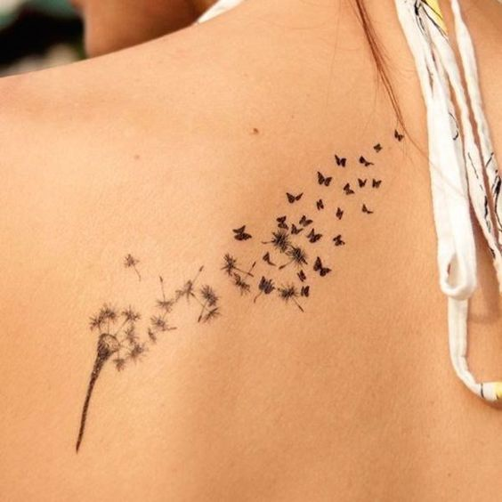 Coloured dandelion tattoo on the right shoulder blade