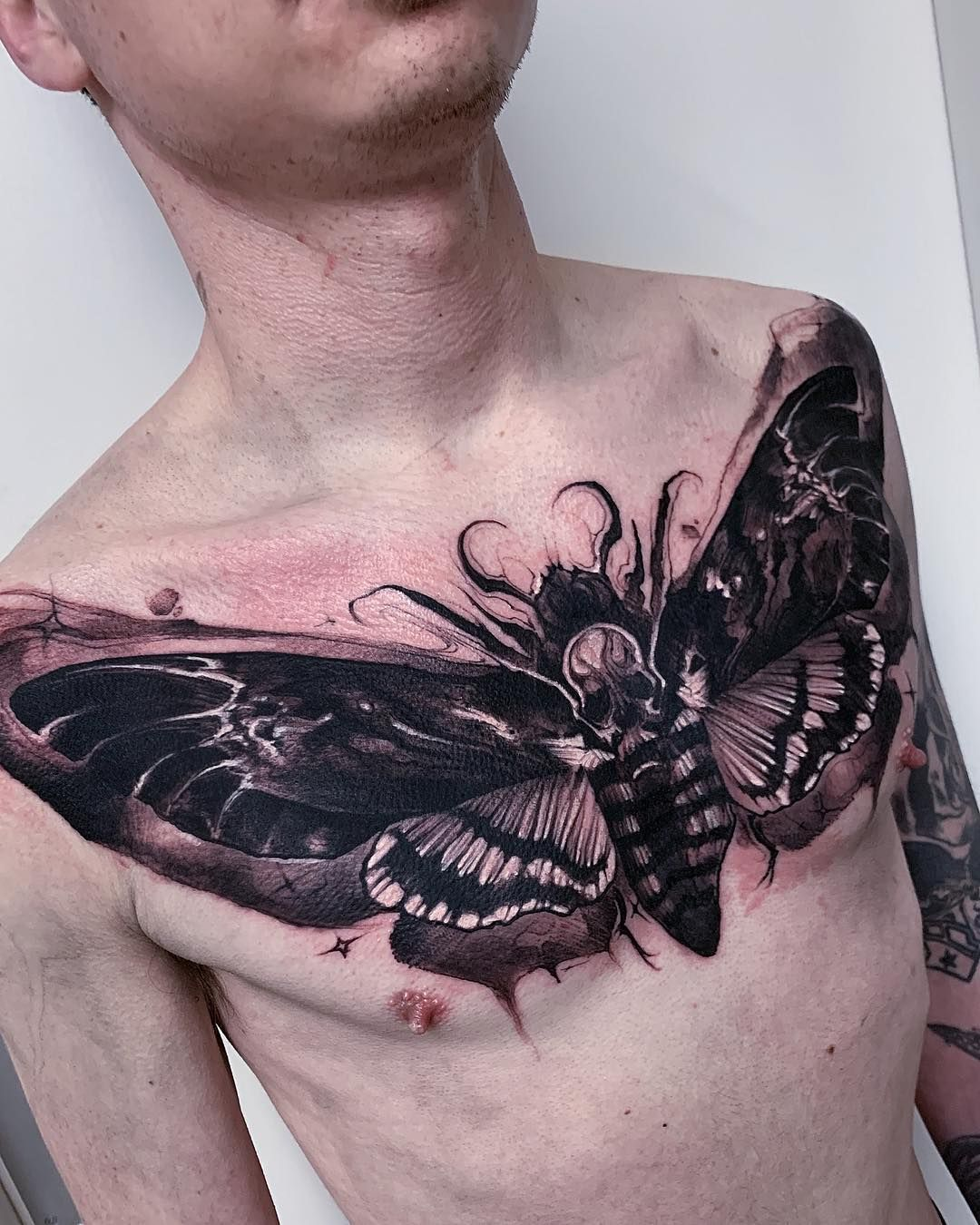 Fresh moth with flowers and embellishment by Melissa Valiquette at DFA  Tattoos Montreal QC  rtattoos