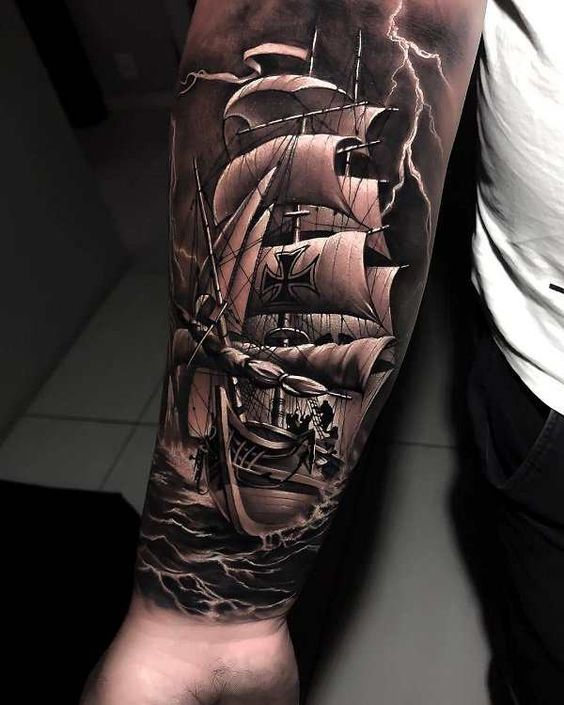 KREA  A tattoo design on paper of a pirate ship on paper black and  white highly detailed tattoo realistic tattoo realism tattoo