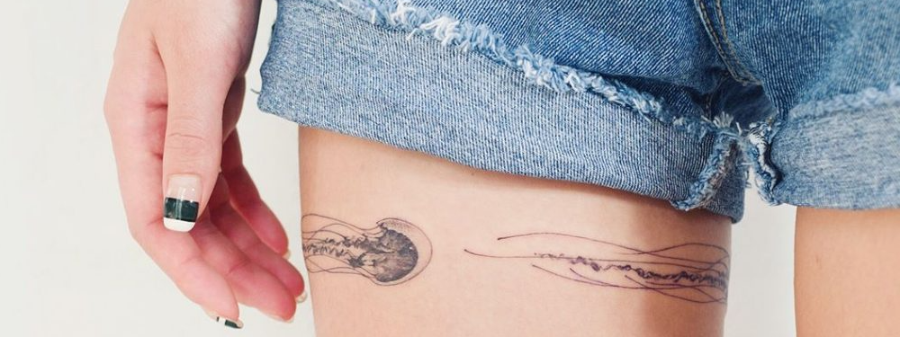 Tattoo tagged with: jellyfish, dots, thigh, leg | inked-app.com