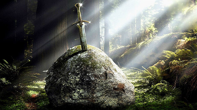 An illustration of Excalibur, the sword that King Arthur was able to get out of the stone.