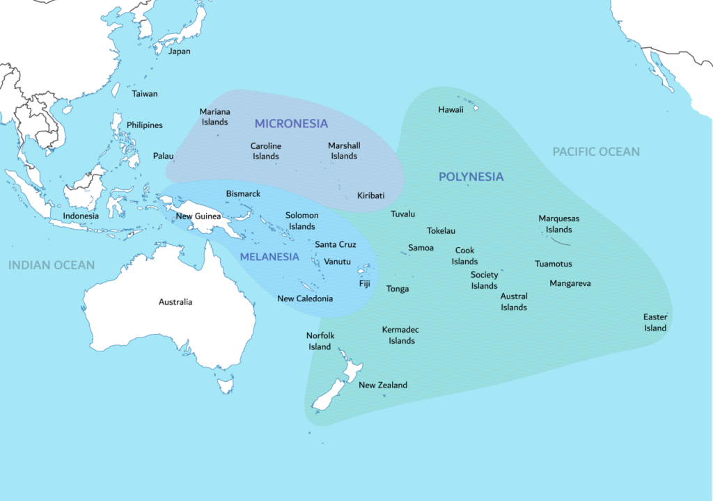 A map of distinct cultural regions of Pacific Ocean islands, including Polynesia