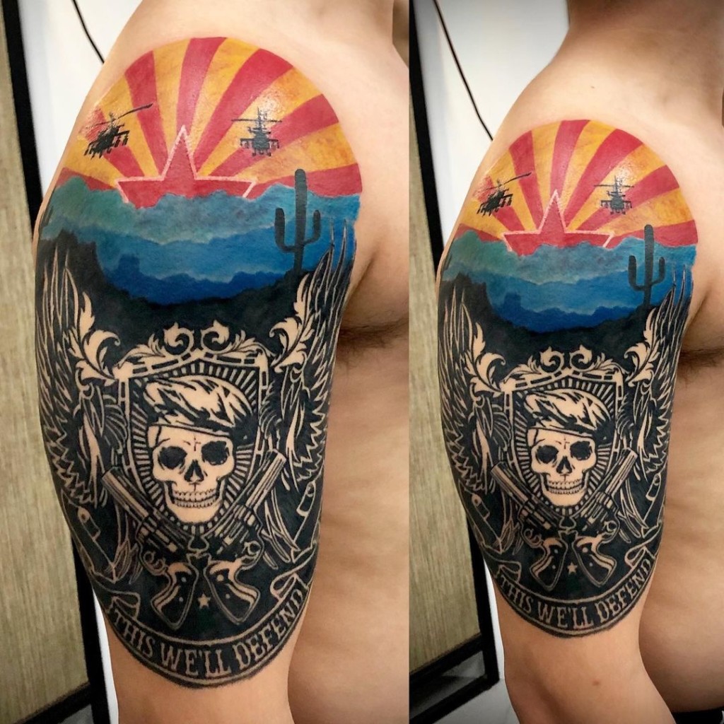 These tattoos refer to Arizona’s state flag—the Copper Star and alternating yellow and red rays.