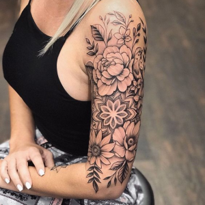 Floral With Skull And Hummingbird Tattoo on Half Sleeve
